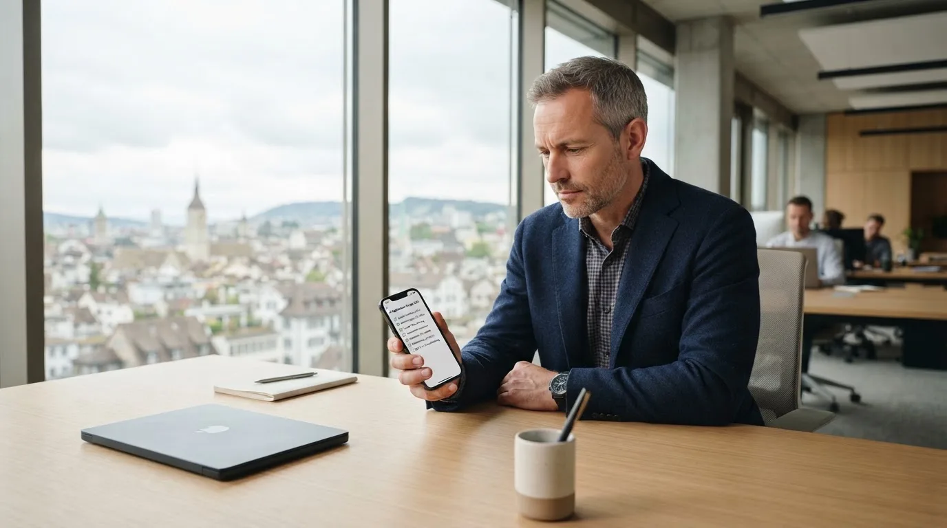 Mann sitzt an einem Schreibtisch in einem Büro mit grossen Fenstern und schaut nachdenklich auf sein Smartphone.