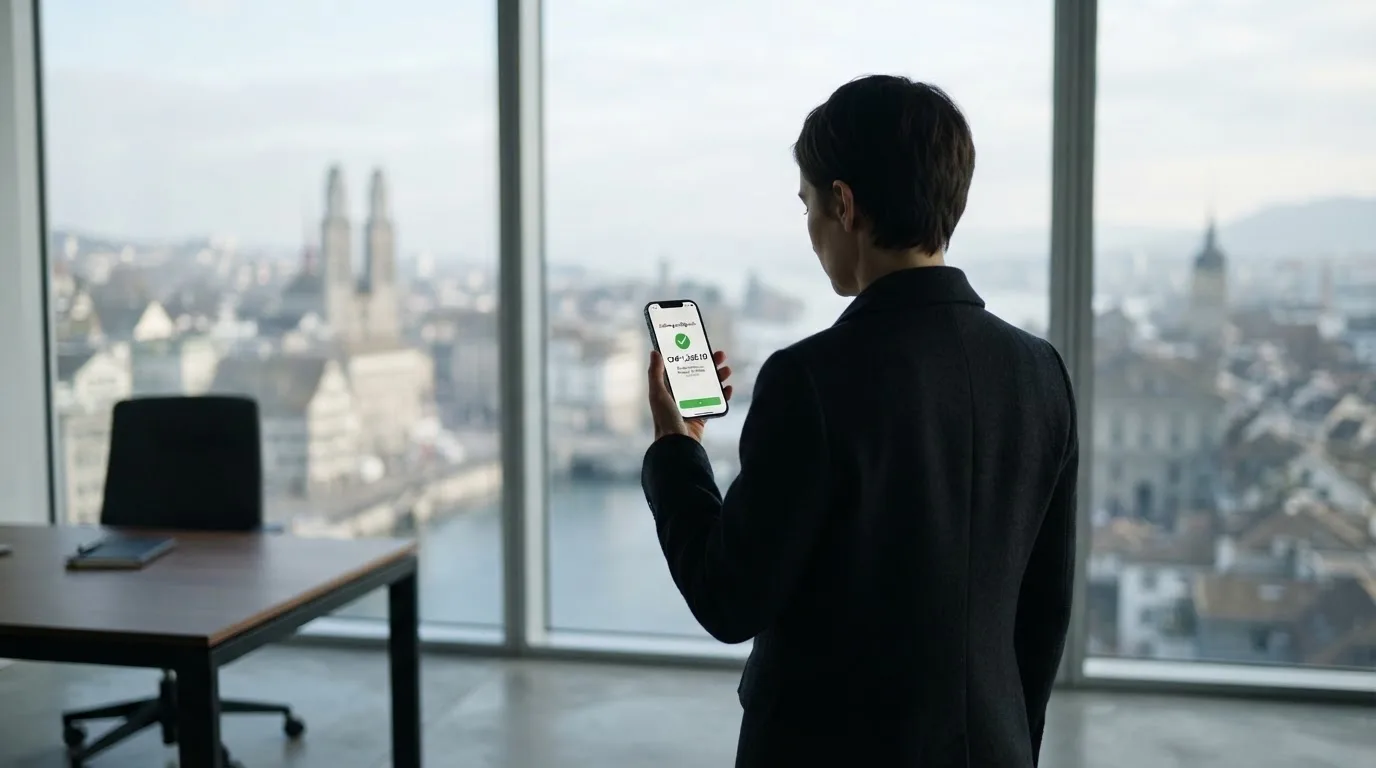 Person steht am Fenster eines Büros und tippt auf ihr Smartphone, Skyline unscharf im Hintergrund.